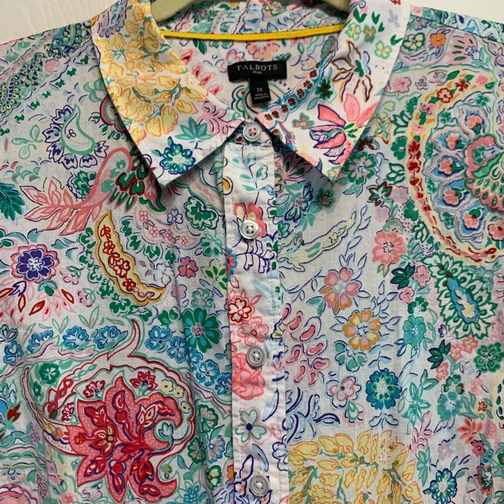 Talbots Plus Button Down Shirt 1X Multi Color Paisley Floral Cotton Long Sleeve